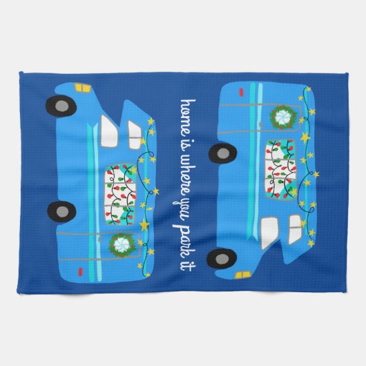 レトロキャンパーモータホームRVヴァンライフクリスマス キッチンタオル (横)