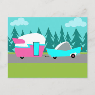 レトロキャンパー/トレーラーと車はがき ポストカード