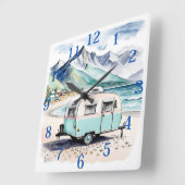 レトロキャンピングキャラバンビーチシーン スクエア壁時計 (傾斜)
