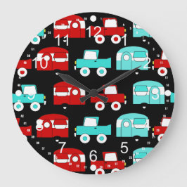 レトロキャンピングトレーラターコイズレッドヴィンテージカーズ ラージ壁時計
