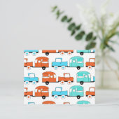 レトロキャンピングトレーラーターコイズオレンジヴィンテージカー ポストカード (スタンド正面)