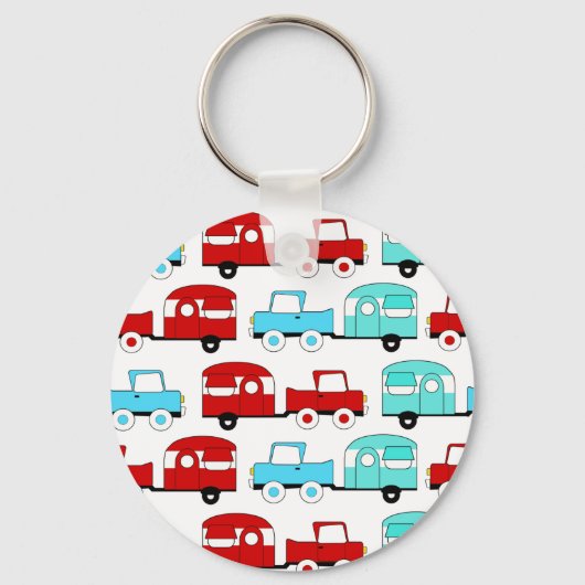 レトロキャンピングトレーラーターコイズレッドヴィンテージカー キーホルダー (正面)