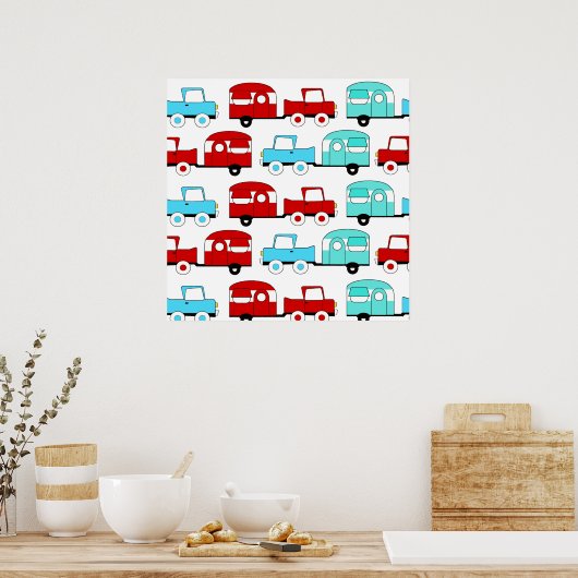 レトロキャンピングトレーラーターコイズレッドヴィンテージカー ポスター (キッチン)