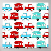 レトロキャンピングトレーラーターコイズレッドヴィンテージカー ポスター (正面)