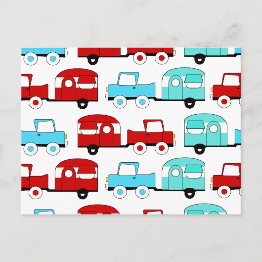 レトロキャンピングトレーラーターコイズレッドヴィンテージカー ポストカード (正面)