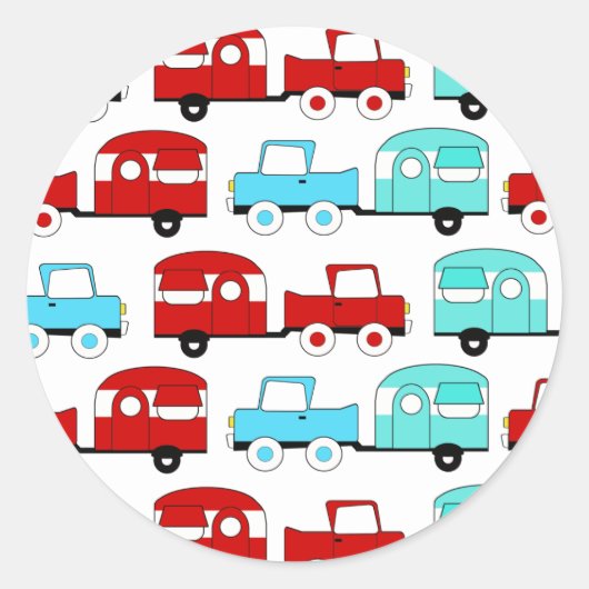 レトロキャンピングトレーラーターコイズレッドヴィンテージカー ラウンドシール (正面)