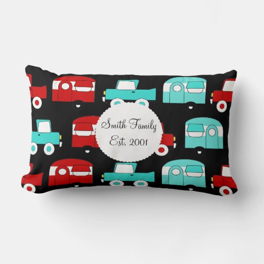 レトロキャンピングトレーラーターコイズレッドヴィンテージRV ランバークッション (正面)