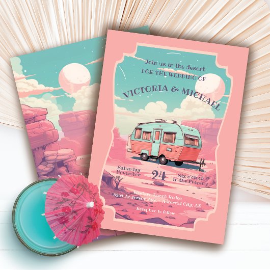 レトロキャンピングトレーラーデザートランドスケープ結婚ズ 招待状