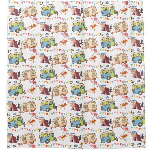 レトロキャンプテーマ シャワーカーテン (正面)