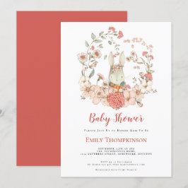 レトロキュートうさぎの葉緑と珊瑚のベビーシャワー 招待状