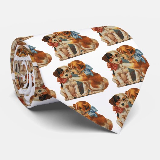 レトロキュートなバレンタインの子犬ラブ、2匹の雑種犬 ネクタイ (ロール)