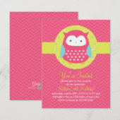 レトロキュートなフクロウ ピンク＆ターコイズ ガーリー誕生日 招待状 (正面/裏面)