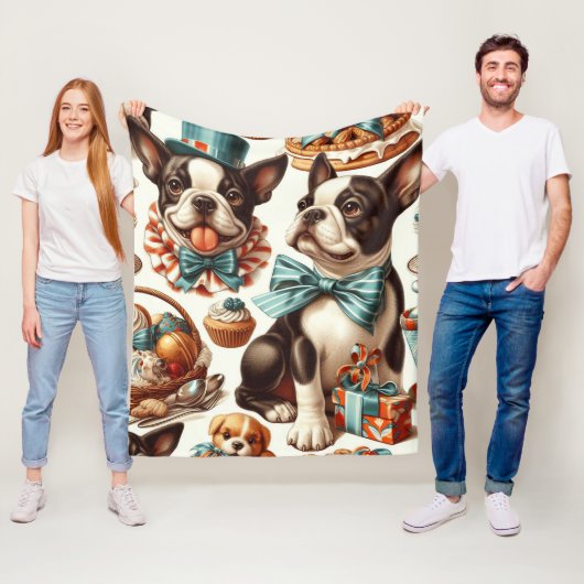 レトロキュートボストンテリアイラストレーション フリースブランケット (インサイチュ)