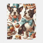 レトロキュートボストンテリアイラストレーション フリースブランケット (正面)