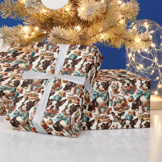 レトロキュートボストンテリアイラストレーション ラッピングペーパー (クリスマス)