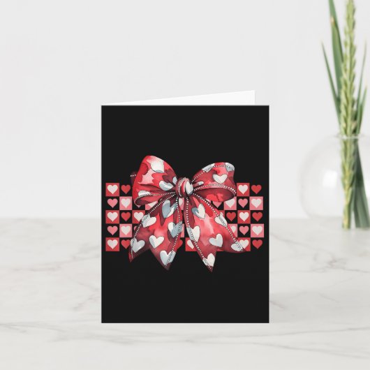 レトロキュート ハートチェック柄 コケッティ レッドリボン バレンタイン カード (正面)