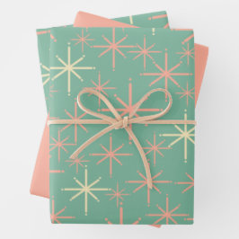 レトロキラキラ星ミッドセンチュリーパターンピンクティール（緑がかった色） ラッピングペーパーシート