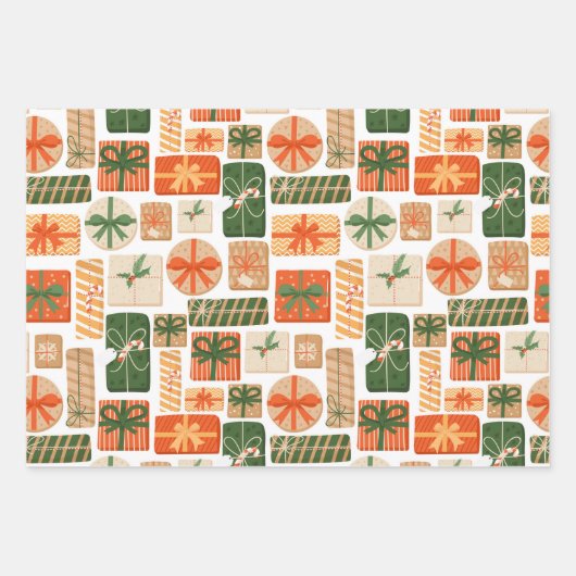 レトロギフトボックスパターンかわいいホリデークリスマス ラッピングペーパーシート (正面)