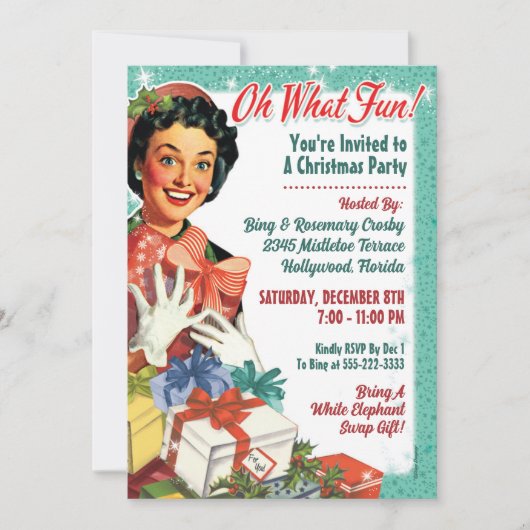 レトロギャルクリスマスパーティー招待状 – ああ何おもしろい! 招待状 (正面)