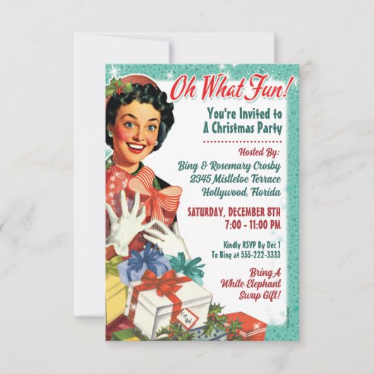 レトロギャルクリスマスパーティー招待状 – ああ何おもしろい! 招待状 (正面)
