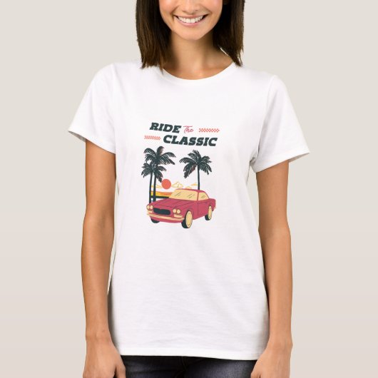 レトロクラシックカーのビーチイラスト Tシャツ (正面)