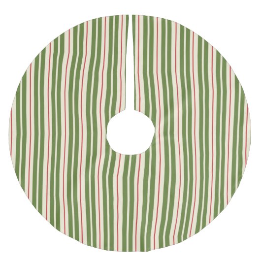 レトロクラシッククリスマスストライプクリスマスオリーブクリームレッド ブラッシュドポリエステルツリースカート (正面)