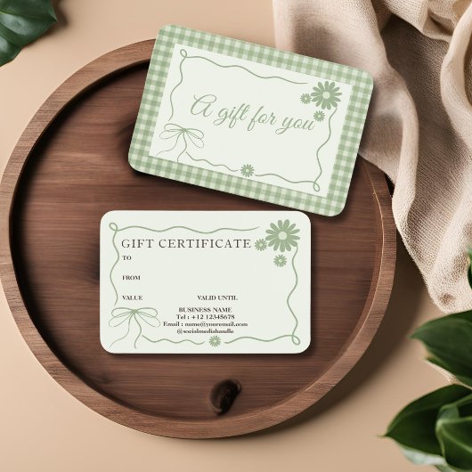 レトロクラシックグリーン格子状リボン花ギフトカード