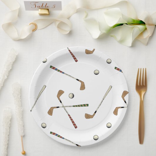 レトロクラシックゴルフゴルファーのクラブボールパターン ペーパープレート (ウェディング)