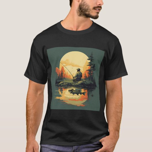 レトロクラシックスタイルの湖での釣り Tシャツ (正面)