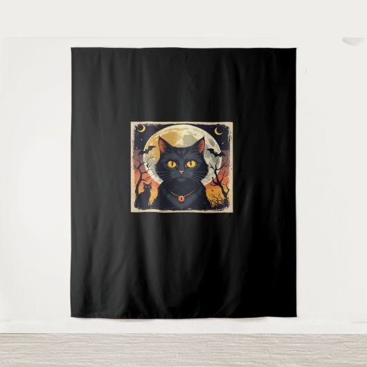 レトロクラシックブラックキャットハロウィーンTシャツクラシック タペストリー (正面)