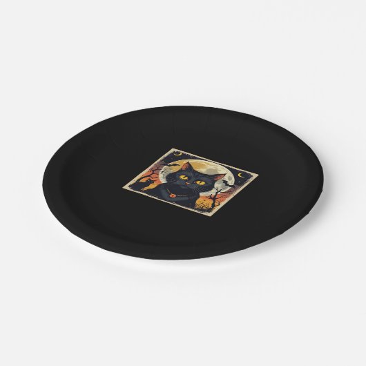 レトロクラシックブラックキャットハロウィーンTシャツクラシック ペーパープレート (アングル)