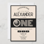 レトロクラシックブラックバスケットボール1st誕生日 招待状 (正面)