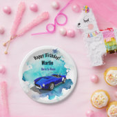 レトロクラシックブルースポーツカー誕生日アドベンチャーH ペーパープレート (パーティー)