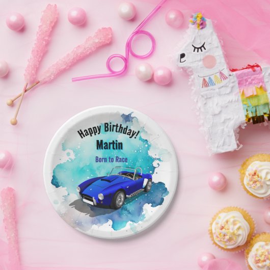 レトロクラシックブルースポーツカー誕生日アドベンチャーH ペーパープレート (パーティー)