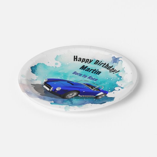レトロクラシックブルースポーツカー誕生日アドベンチャーH ペーパープレート (アングル)