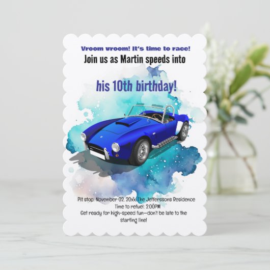 レトロクラシックブルースポーツカー誕生日冒険 招待状 (スタンド正面)