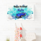 レトロクラシックブルースポーツカー誕生日冒険 横断幕 (インサイチュ)