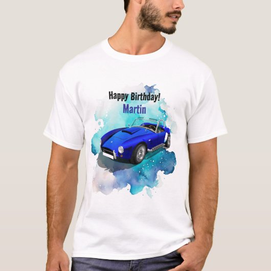 レトロクラシックブルースポーツカー誕生日冒険 Tシャツ (正面)