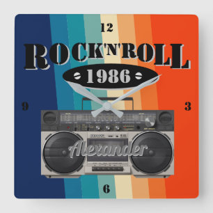 レトロクラシックブームボックスロックンロールミュージックヴィンテージ   スクエア壁時計