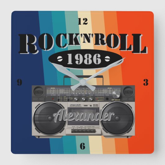 レトロクラシックブームボックスロックンロールミュージックヴィンテージ   スクエア壁時計 (正面)