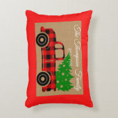 レトロクラシックレッドトラックファミリー名burlapクリスマス アクセントクッション (正面(垂直))