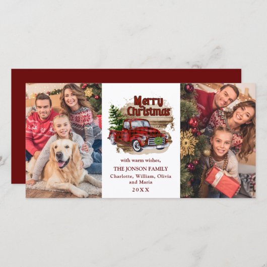 レトロクラシックレッド素朴クリスマストラックグリーティング シーズンカード (正面/裏面)