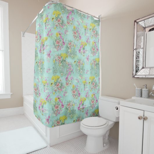 レトロクラシック牧草地の花シャワーカーテン シャワーカーテン (インサイチュ)
