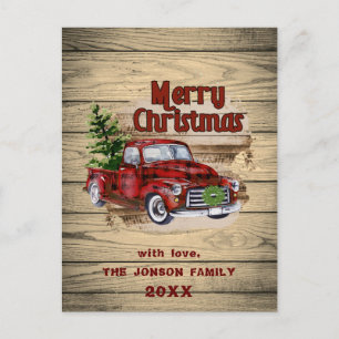 レトロクラシック素朴クリスマスレッドトラック シーズンポストカード