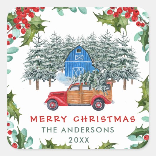 レトロクラシック素朴メリークリスマスレッドトラック スクエアシール (正面)