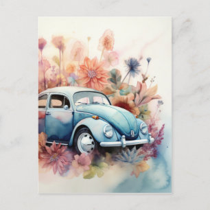 レトロクラシック自動車フローラアート ポストカード