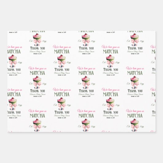 レトロクラブピンクボウ愛あなた抹茶ベビーシャワー ラッピングペーパーシート (正面)