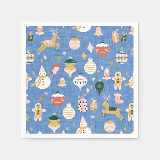 レトロクリスマスかわいいオーナメントブルー スタンダードカクテルナプキン (正面)