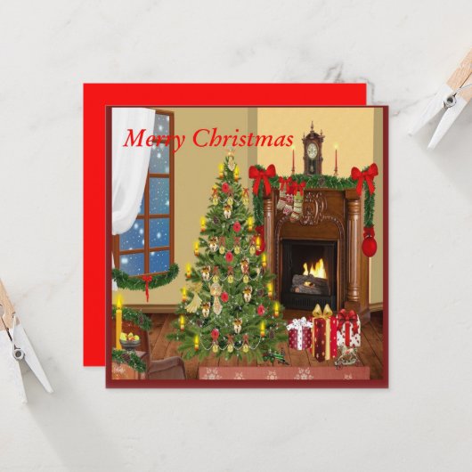 レトロクリスマスと暖炉の木の贈り物 カード (正面/裏面インサイチュ)