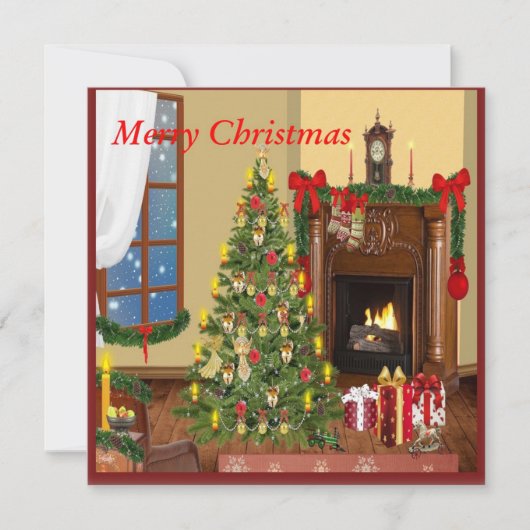 レトロクリスマスと暖炉の木の贈り物 カード (正面)